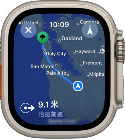 「地圖」App 顯示駕駛路線的概覽。行程的第一段路於底部顯示。