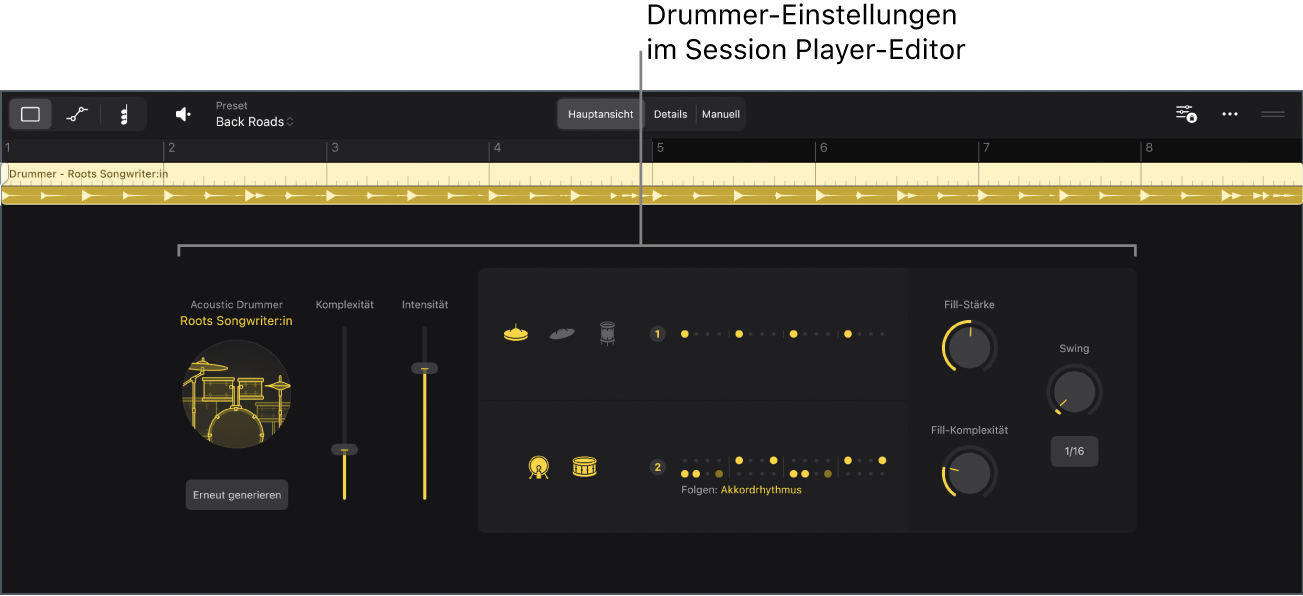 Abbildung. Der Session Player-Editor mit den Drummer-Einstellungen.