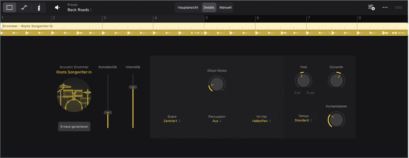 Abbildung. Der Session Player-Editor mit der Detailansicht des akustischen Drummer