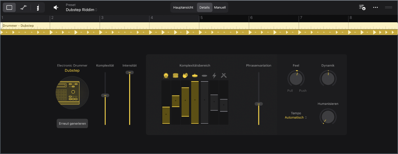 Abbildung. Der Session Player-Editor mit der Detailansicht des elektronischen Drummer