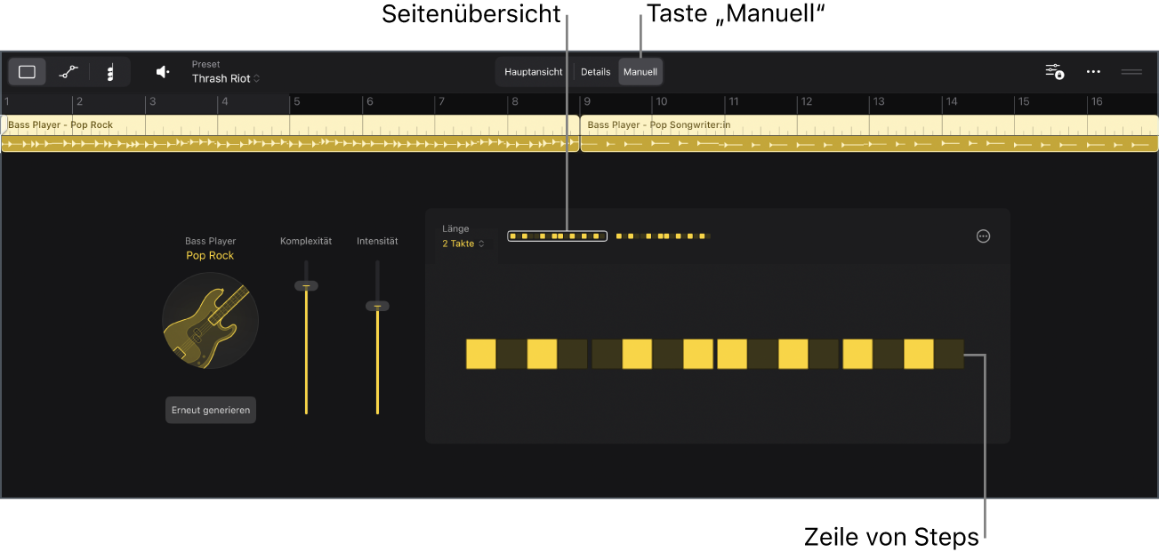 Abbildung. Die Ansicht „Manuell“ im Session Player-Editor.