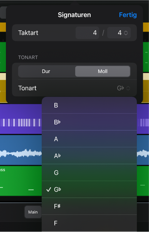 Das Dialogfenster „Taktart/Tonart“ mit dem Bereich „Tonart“ und dem geöffneten Einblendmenü „Tonart“.