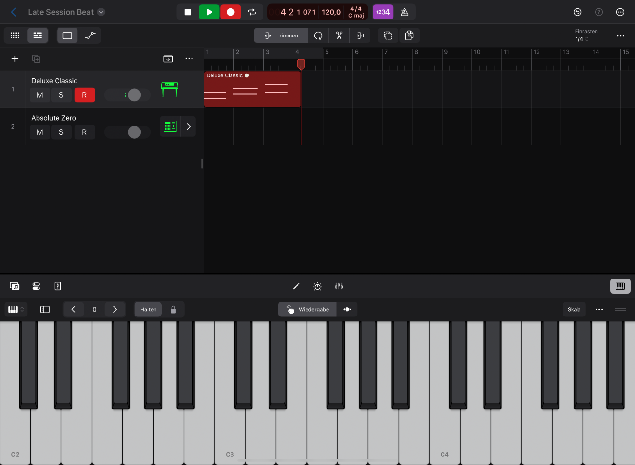 Abbildung. Aufnehmen eines Software-Instruments in einer Software-Instrument-Spur.