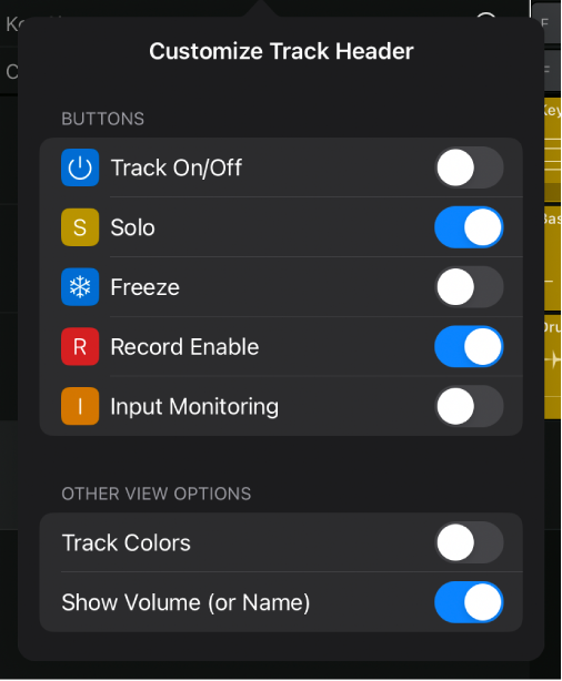 Figure. Customize Track Header window showing available buttons and other view options.