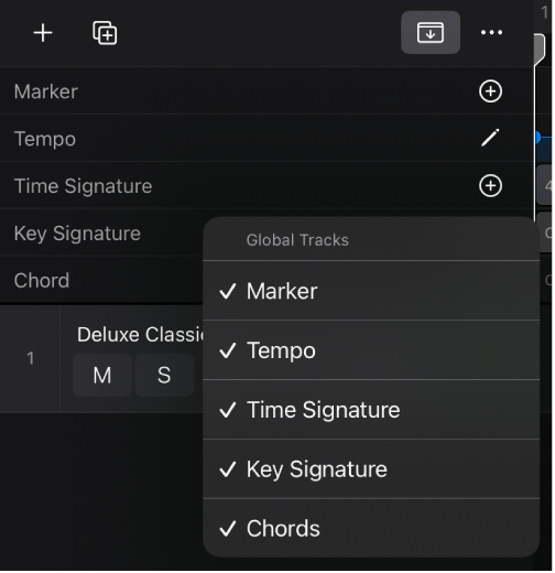 Figure. Menu for showing or hiding global tracks.