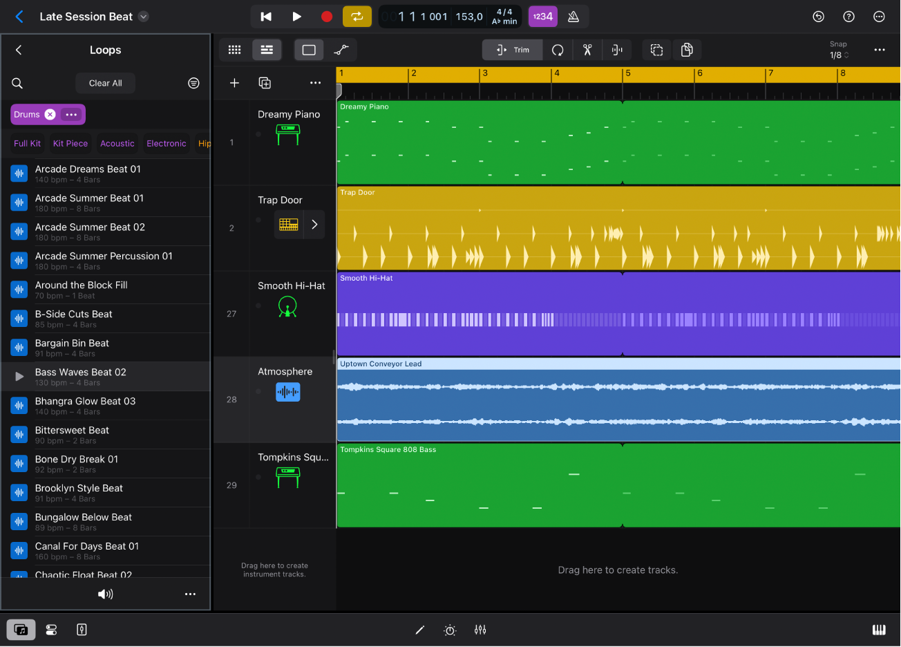 Figure. Logic Pro for iPad showing Loops view in the Browser.