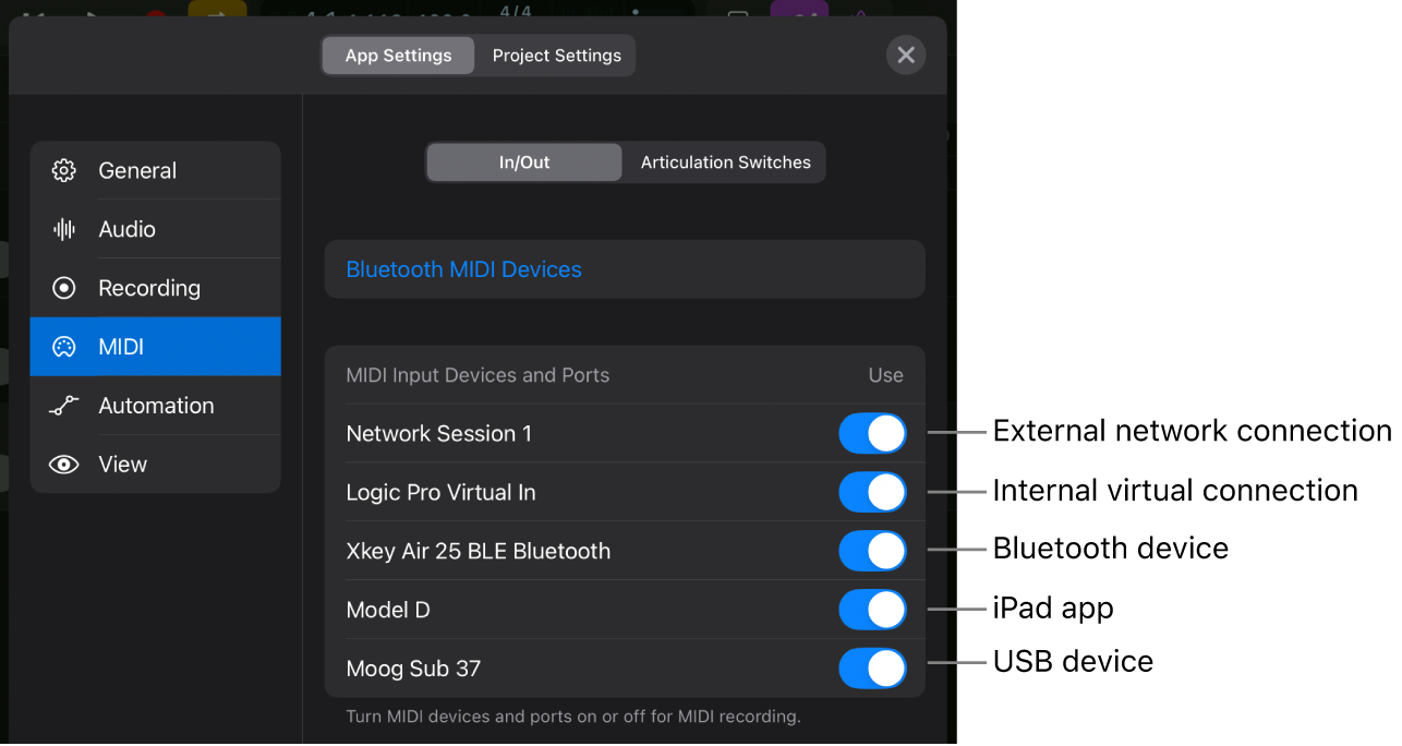 In/Out MIDI settings.