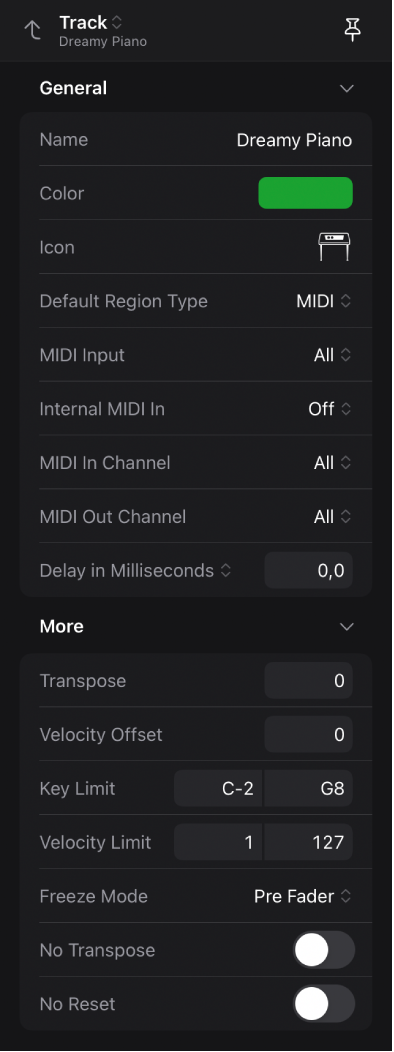 Figure. Inspector open with Track selected as display level and showing track parameters.