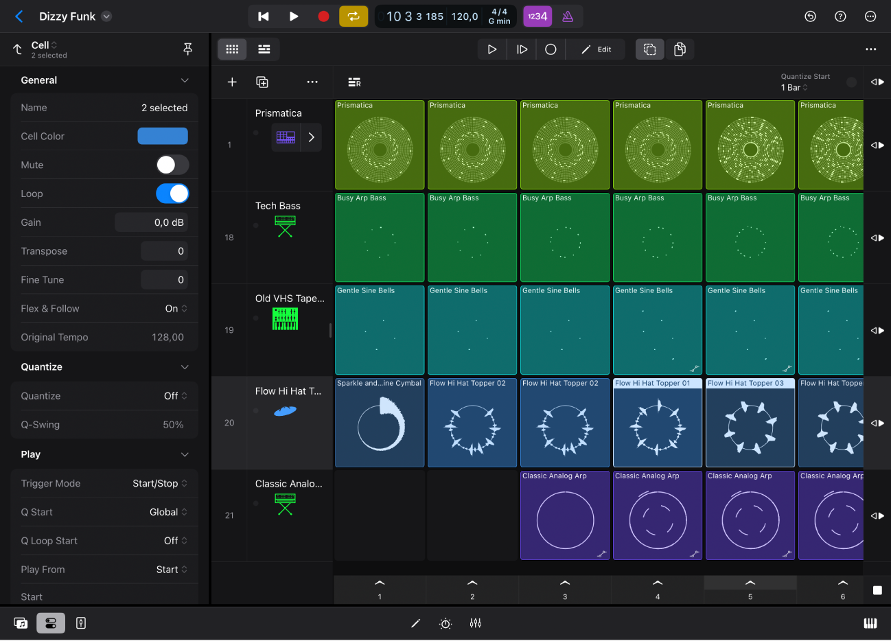 Figure. Cell Edit mode in Live Loops with the Cell inspector open.