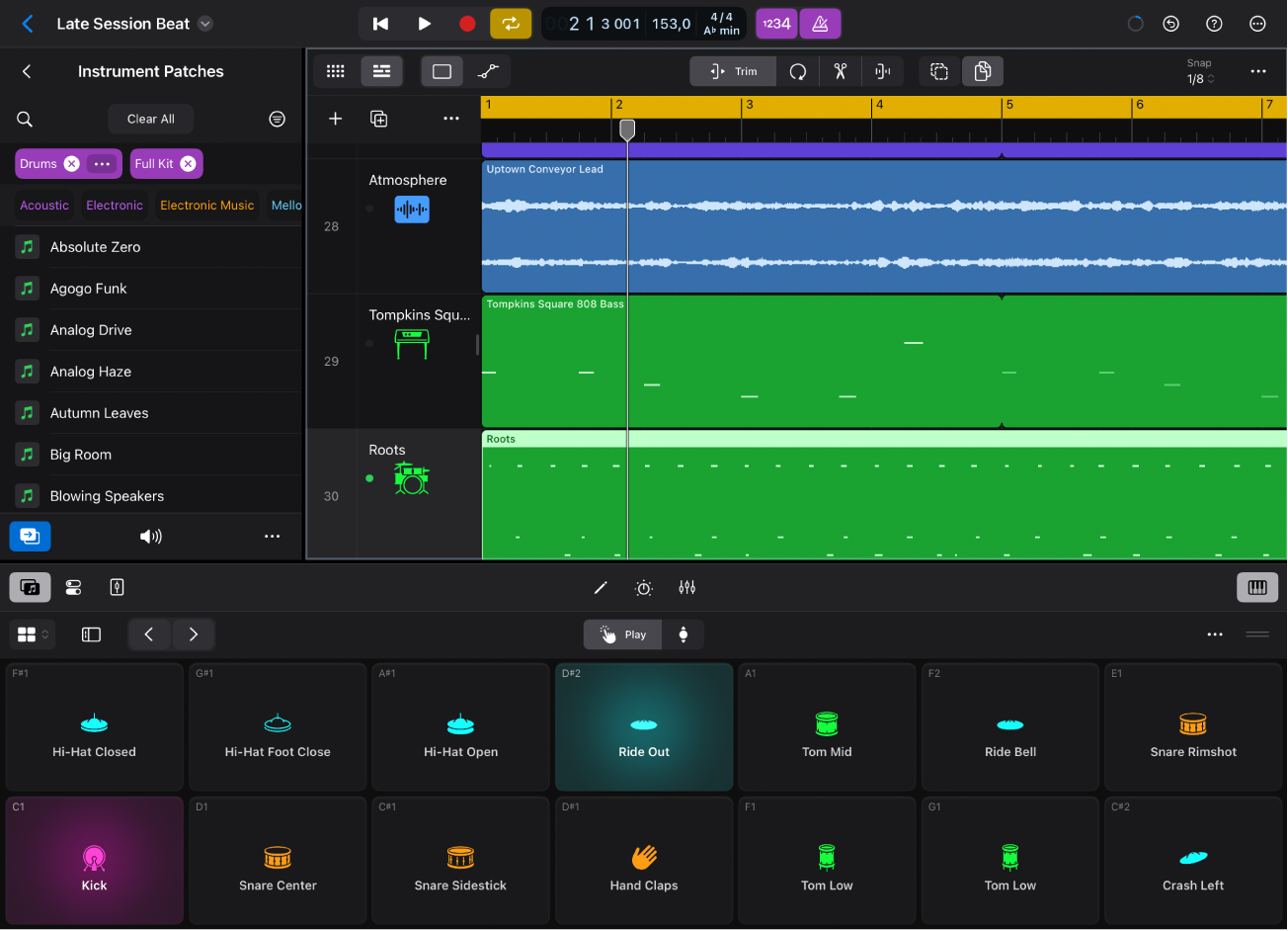 Figure. Logic Pro for iPad with the Drum Pads Play Surface open.