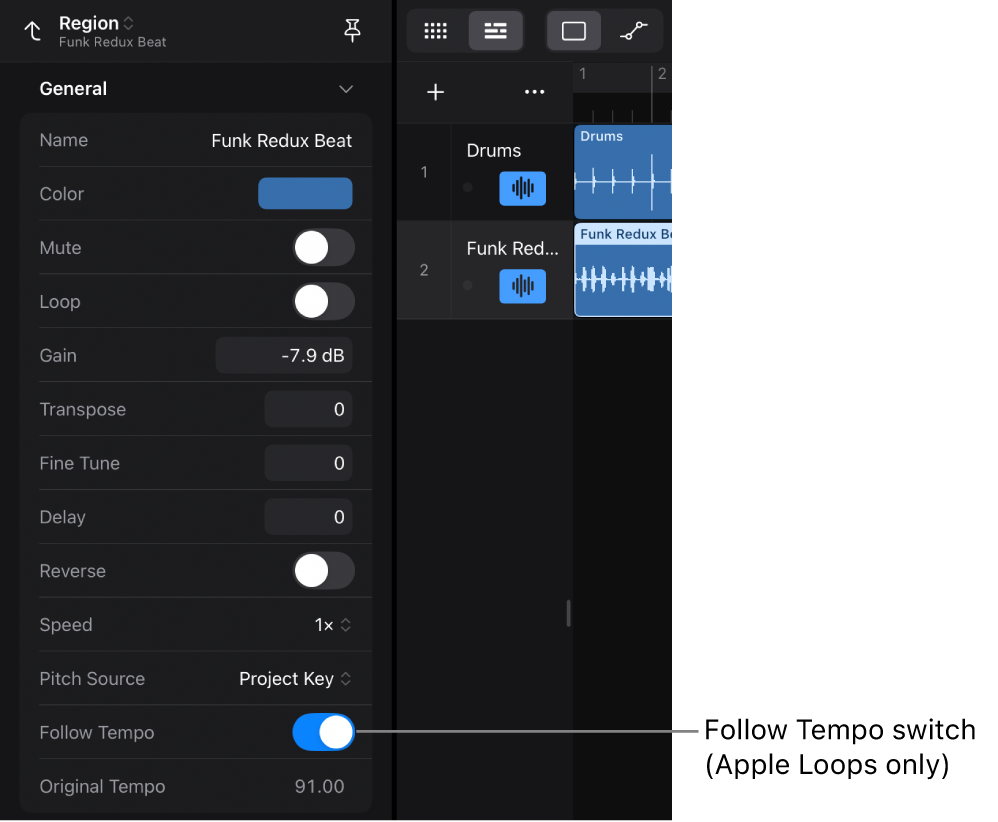 Figure. Region inspector showing the Follow Tempo switch for audio Apple Loops.