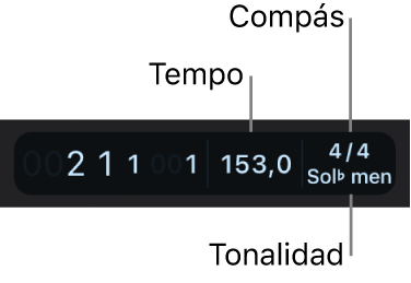 Ilustración. Pantalla que muestra la posición del cursor de reproducción, el tempo, el compás y la tonalidad del proyecto.