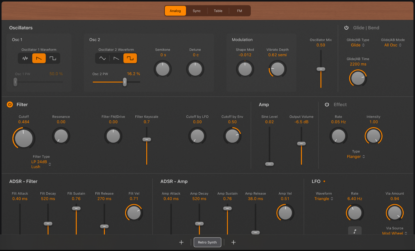 Ilustración. Parámetros del oscilador Analog de Retro Synth.