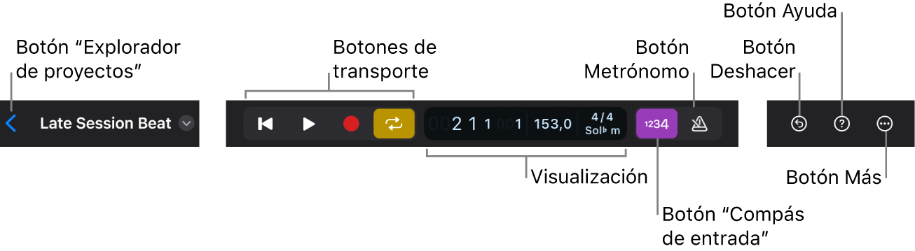 Ilustración. Barra de controles con el botón del explorador de proyectos, los botones de transporte, la pantalla, el botón del compás de entrada y el botón del metrónomo, y los botones Deshacer, Ayuda y Más.