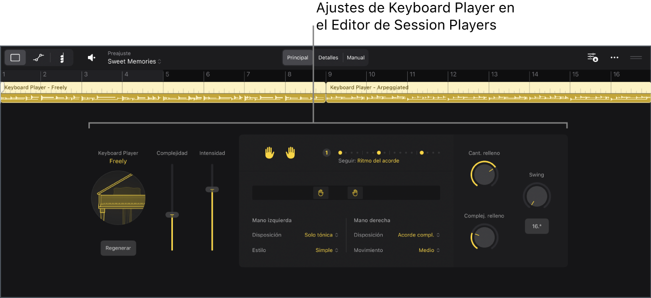 Ilustración. Editor de Session Player con los ajustes de “Keyboard Player”.