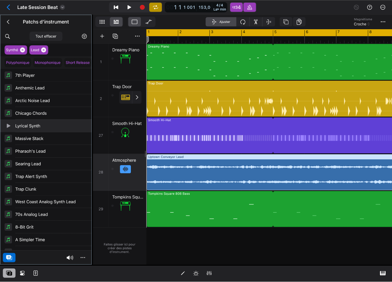 Figure. Logic Pro pour iPad montrant la présentation « Patchs d’instrument » dans le navigateur.