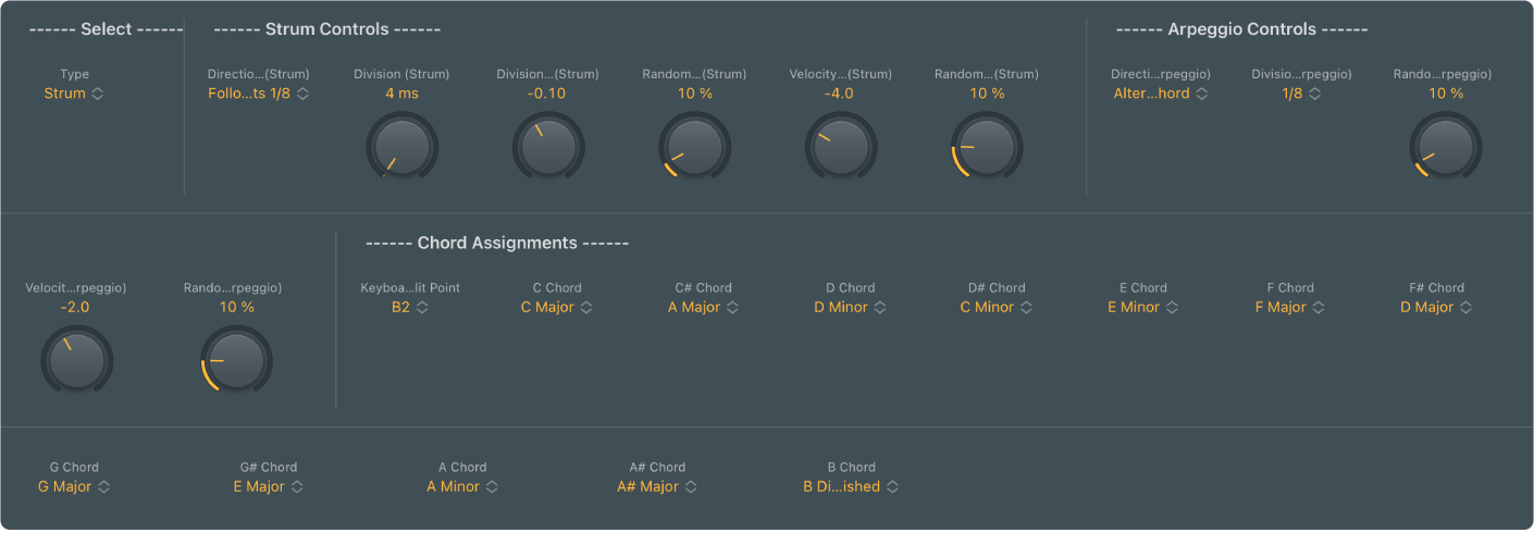 Figure. Fenêtre Scripter montrant des commandes Guitar Strummer.