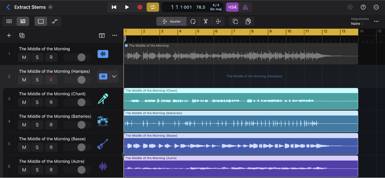 Figure. Zone Pistes montrant la région audio sélectionnée et la pile de sommation avec des stems sous forme de régions audio dans les sous-pistes.