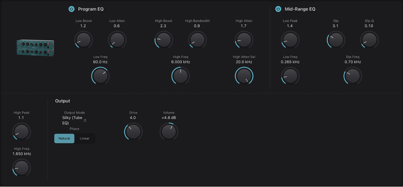 Figure. Fenêtre de l’égaliseur du Vintage Tube EQ.