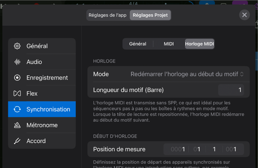 Réglages « Horloge MIDI » du projet de la section Synchronisation.