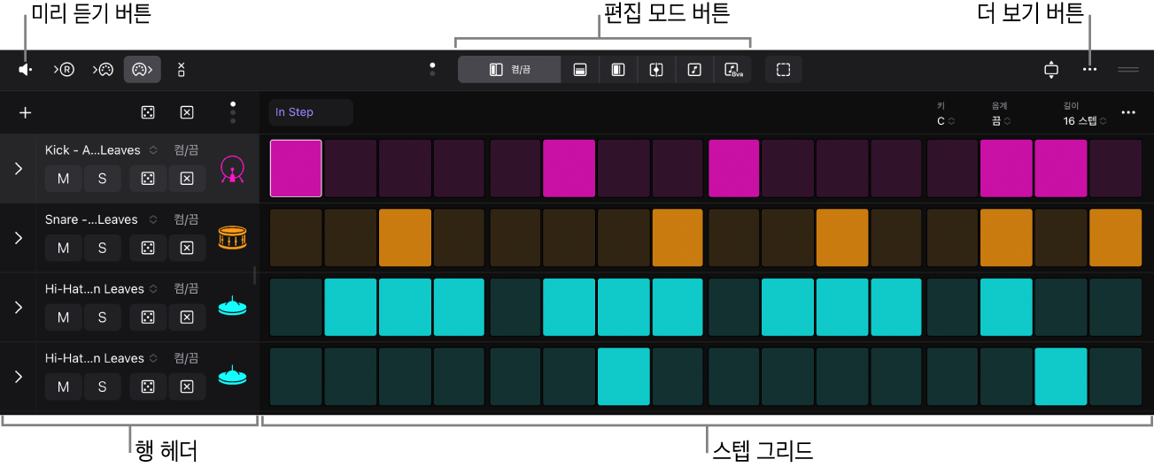그림. 스텝 그리드, 행 헤더, 미리 듣기 버튼, 모드 편집 버튼 및 더 보기 버튼이 표시된 스텝 시퀀서.