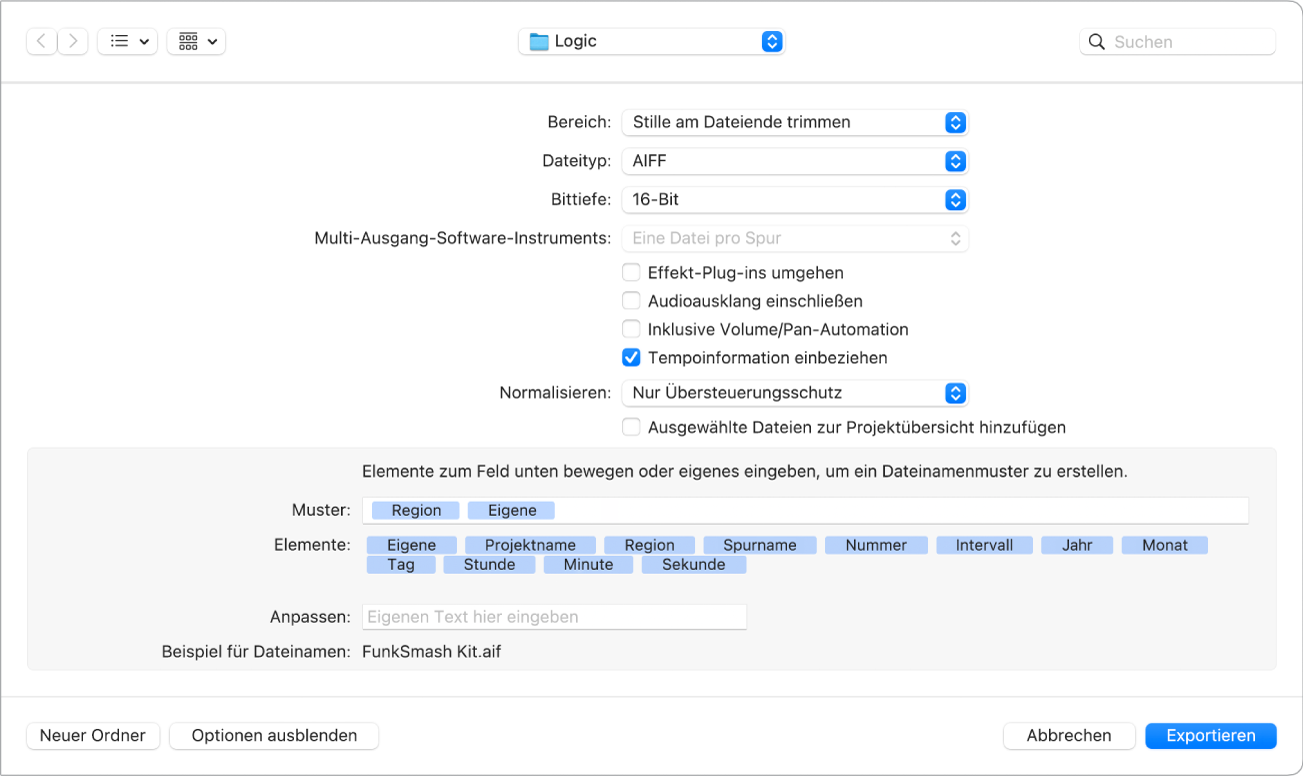 Abbildung. Dialogfenster „Region als Audiodatei“