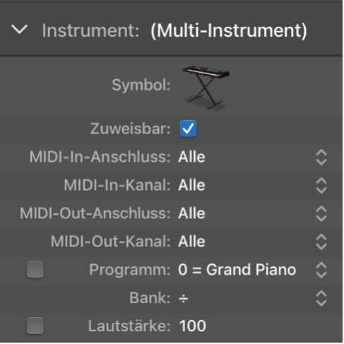 Abbildung. Informationsfenster „Standardmäßiges Instrument-Objekt“ mit Anzeige des Parameters „Programm“ und des Markierungsfelds