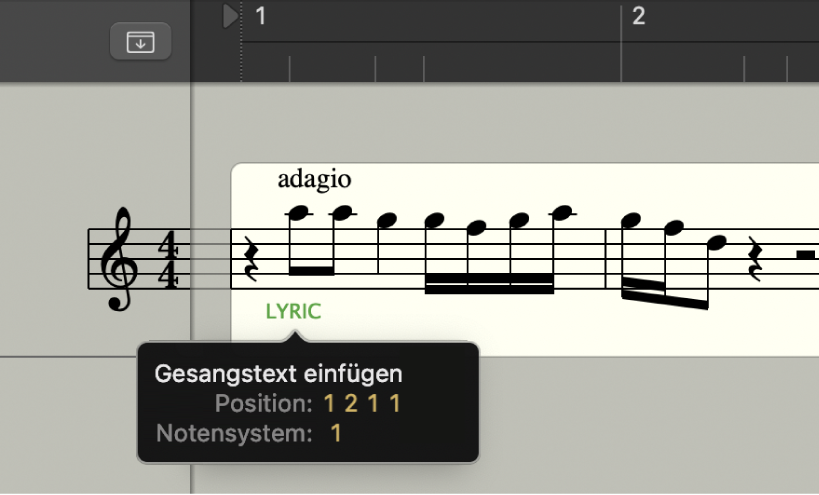 Abbildung. Gesangstext zu einer Notation hinzufügen