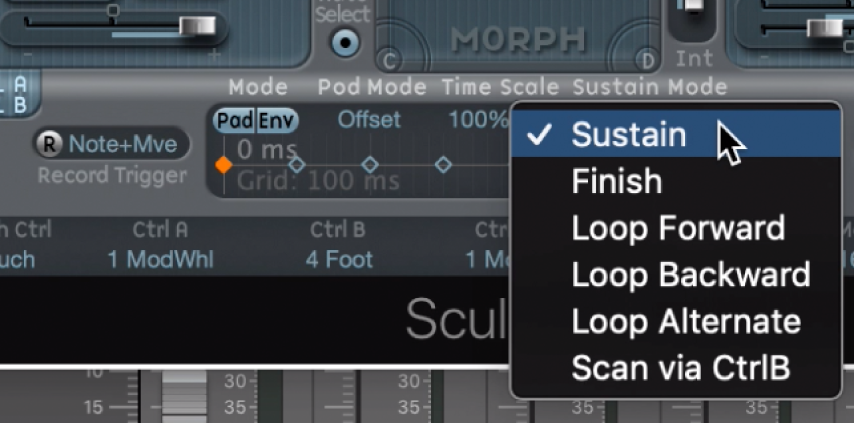 Abbildung. Menüs für Sustain- oder Loop-Modus der Morph-Hüllkurve