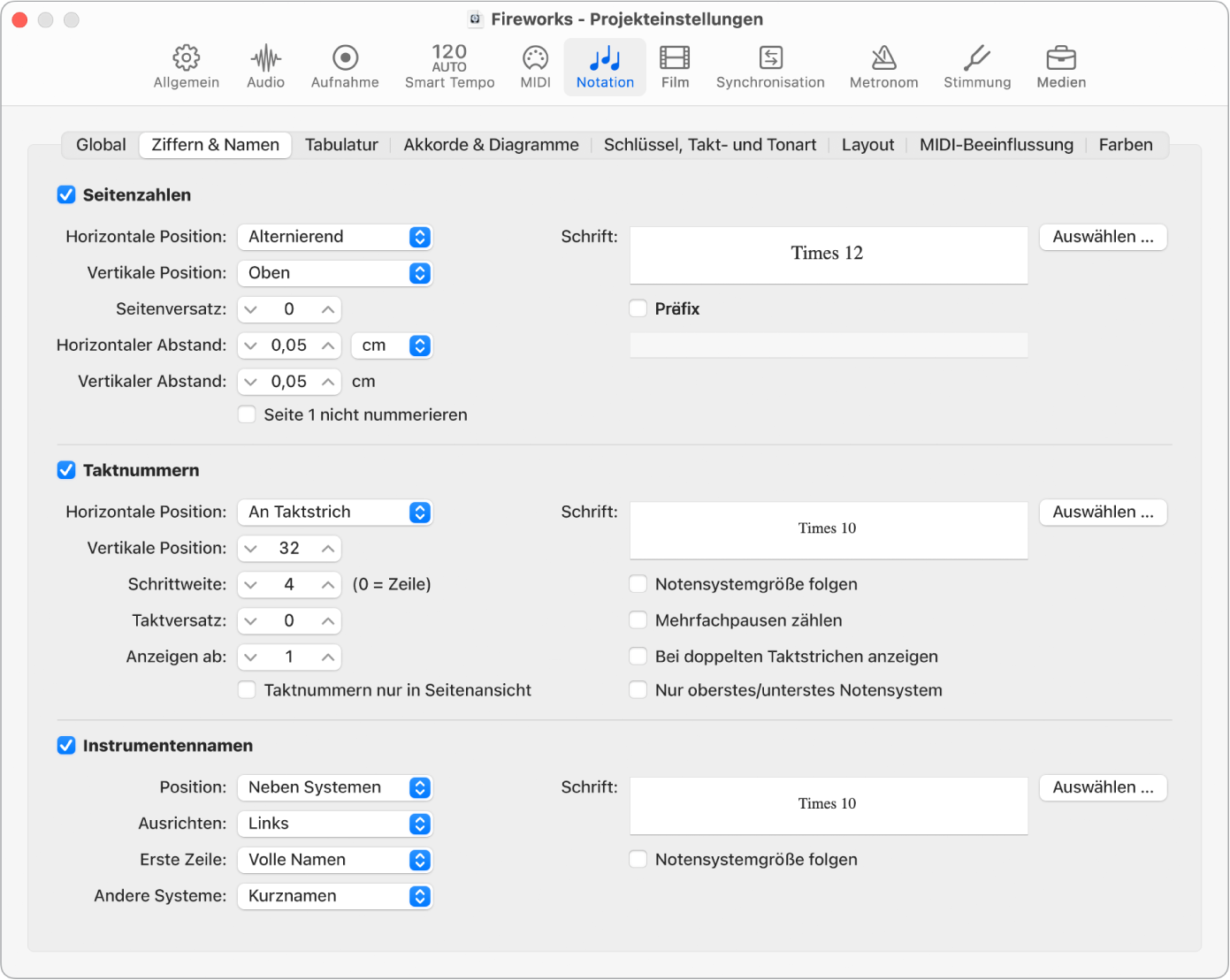 Abbildung. Projekteinstellungsbereich „Notation“ > „Ziffern & Namen“