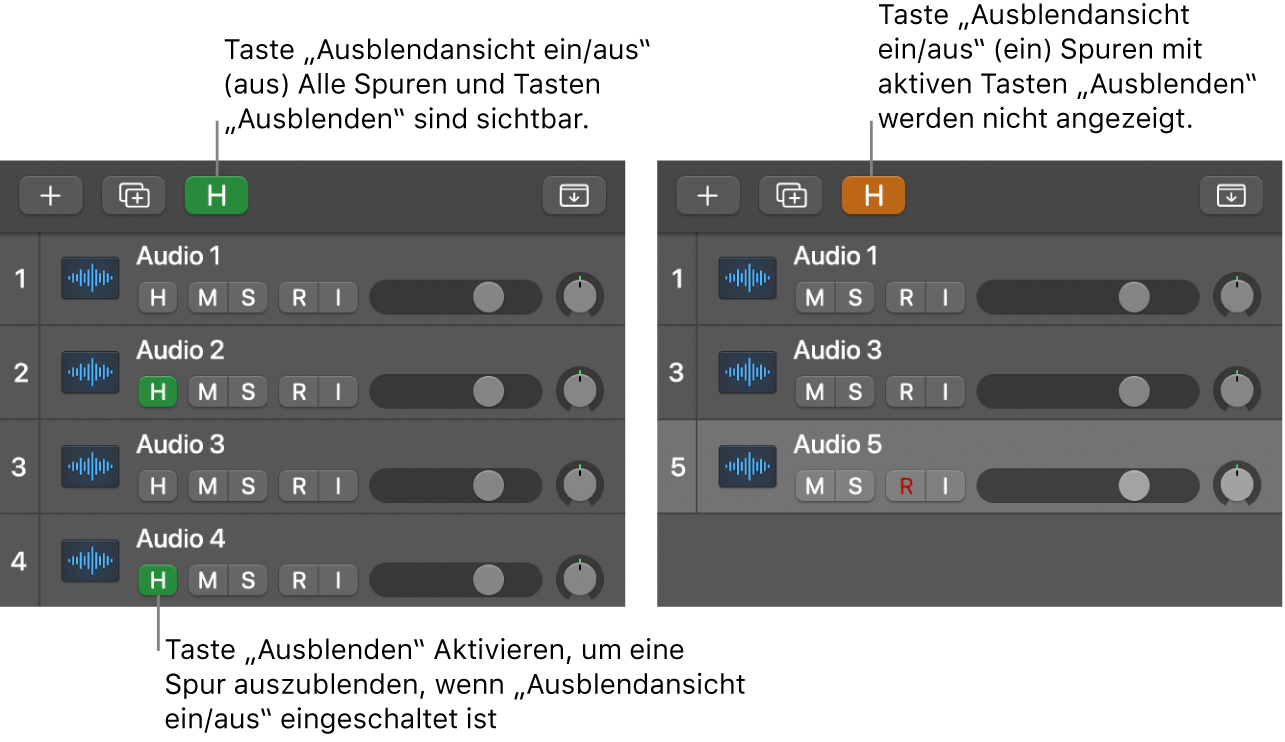 Taste „Ausblenden“ und Taste Spuren ausblenden‘ ein-/ausschalten“