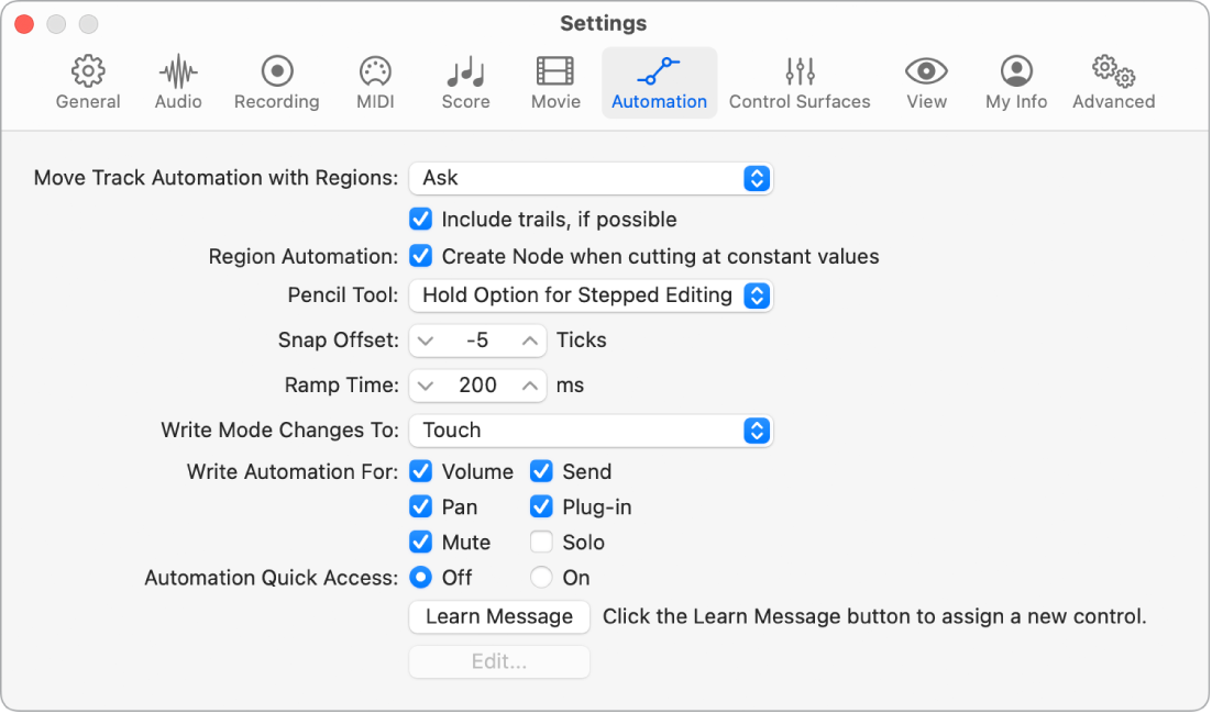 Figure. Automation settings.