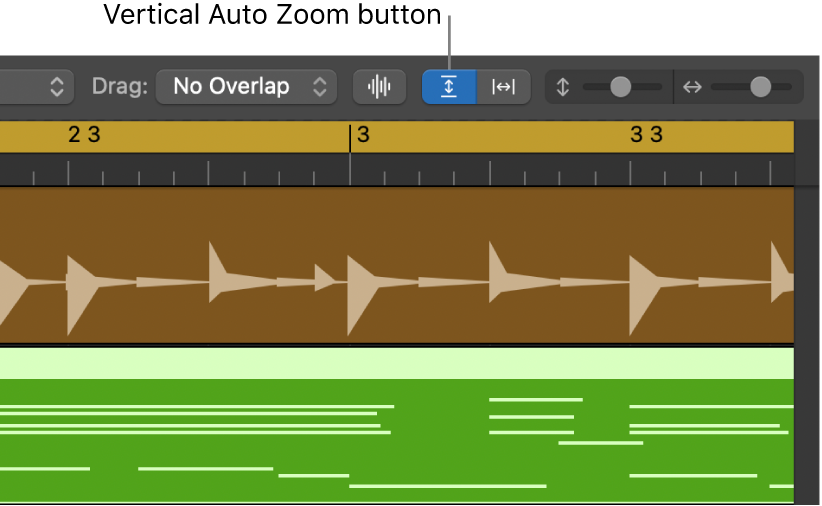 Waveform Zoom, Vertical Auto Zoom and Horizontal Auto Zoom controls in the Tracks Area menu bar.