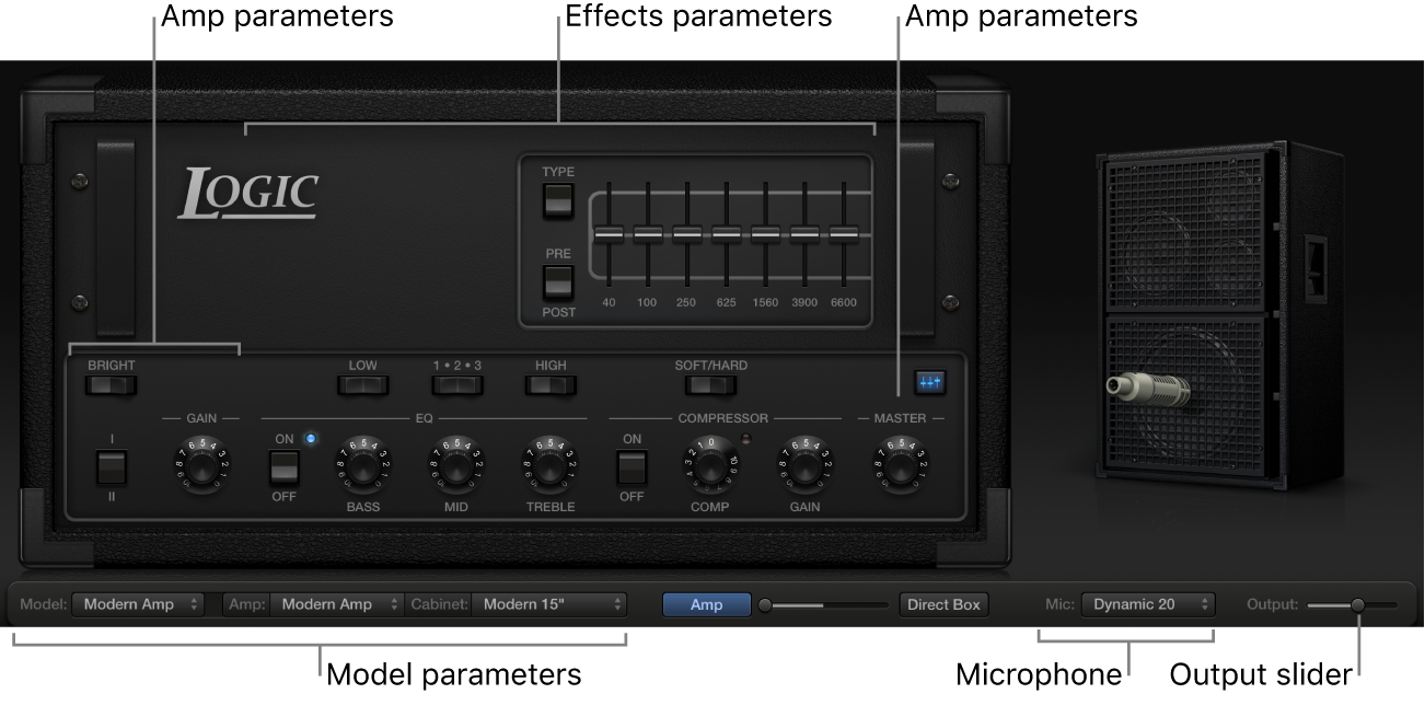 Figure. Bass Amp Designer window, showing main interface areas.