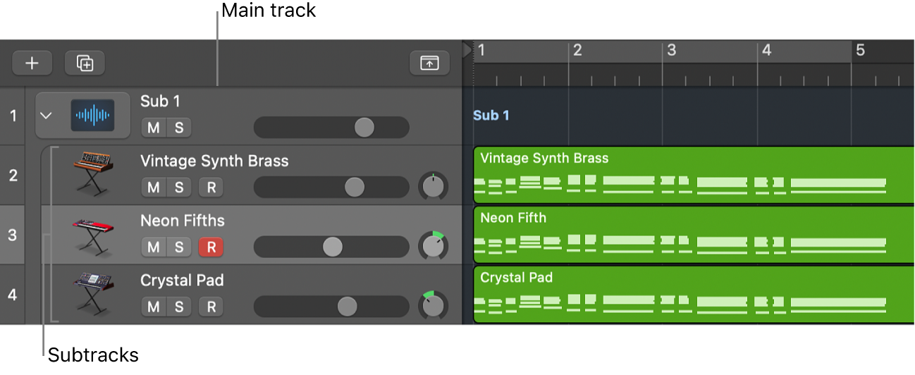 Figure. Folder stack, showing main track and subtracks.