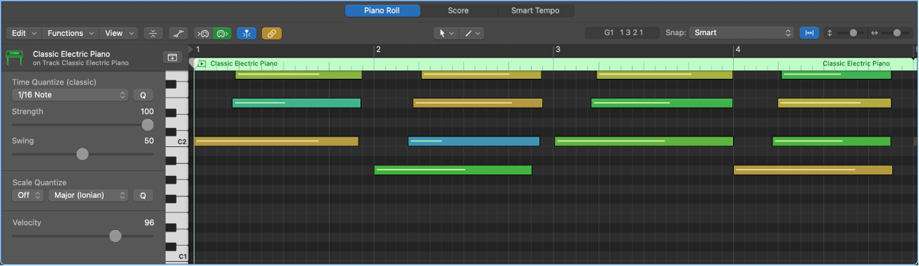 Figure. The Piano Roll Editor showing a MIDI region with note events.