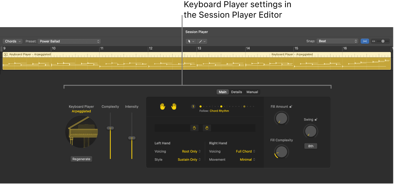 Figure. The Session Player Editor with Keyboard Player settings.