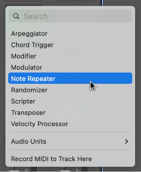 Figure. Choosing a MIDI effect from the pop-up menu.