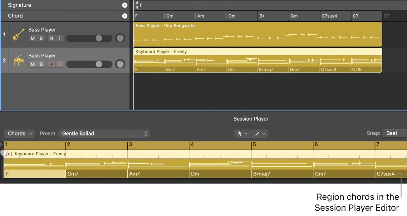 Figure. Project showing a Session Player region with region chords in the Session Player Editor.