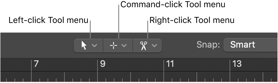 Figure. Left-click, Command-click, and Right-click Tool menus in the Arrange area.