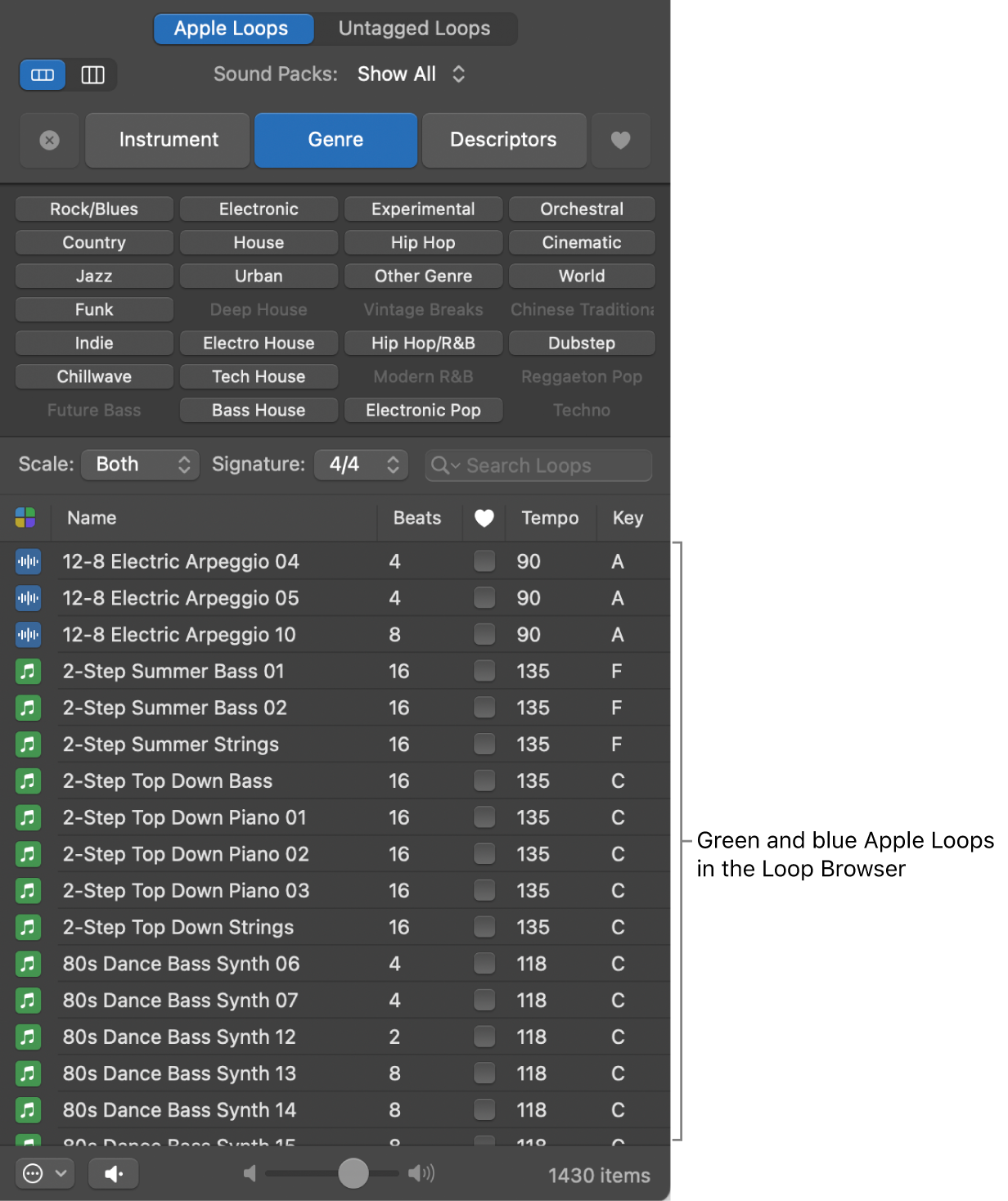 Loop Browser showing MIDI (green) and audio (blue) Apple Loops.