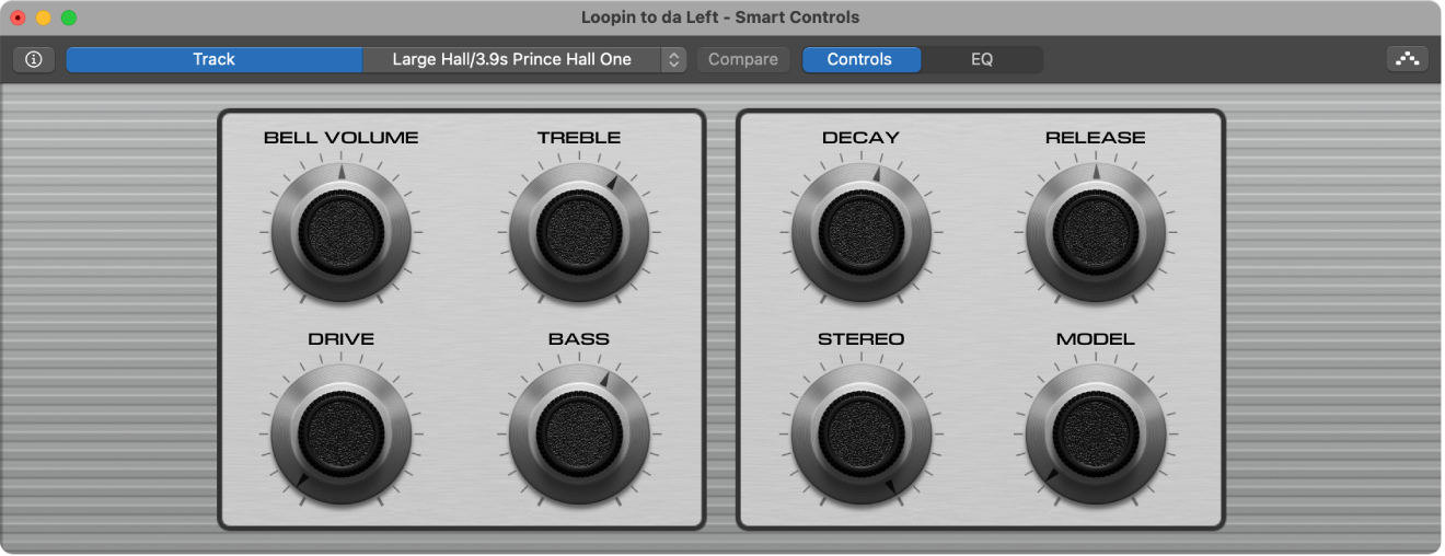 Smart Controls area showing Master Effects pop-up menu with shared reverbs.