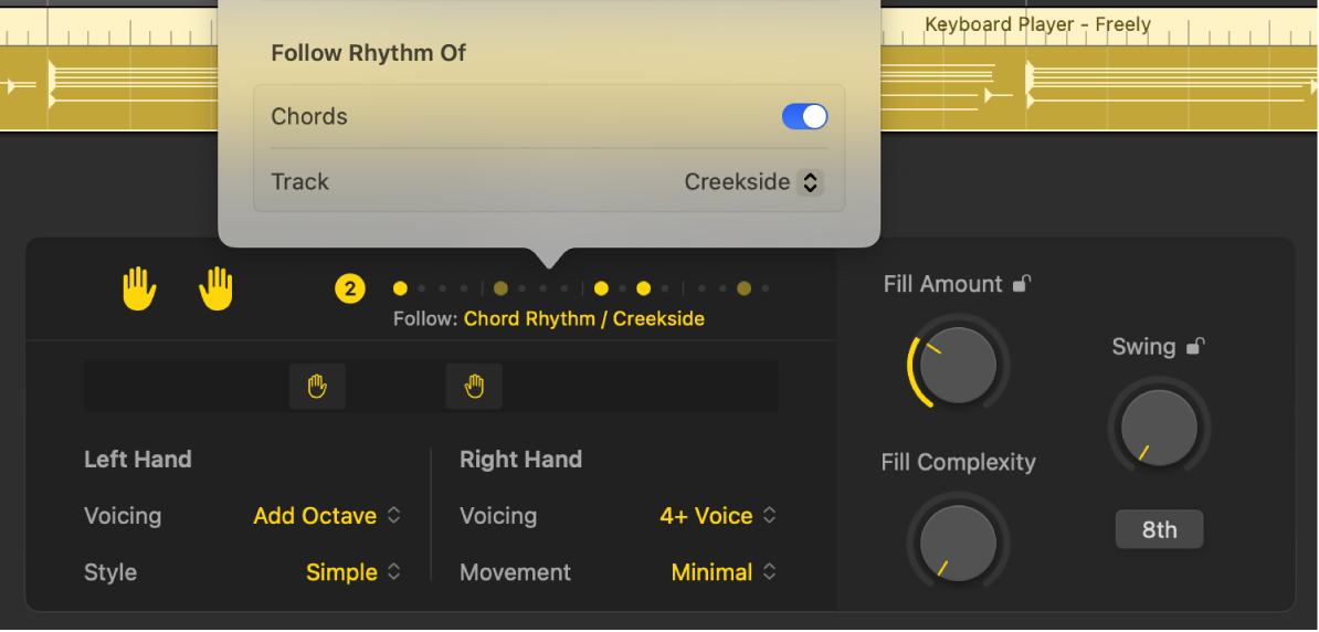 Figure. The Follow Rhythm Of section of the Patterns menu in the Session Player Editor.