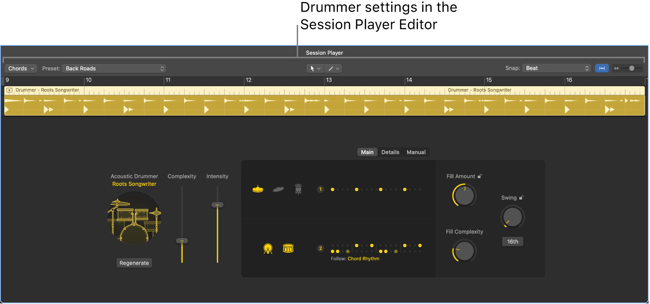 Figure. The Session Player Editor with Drummer settings.