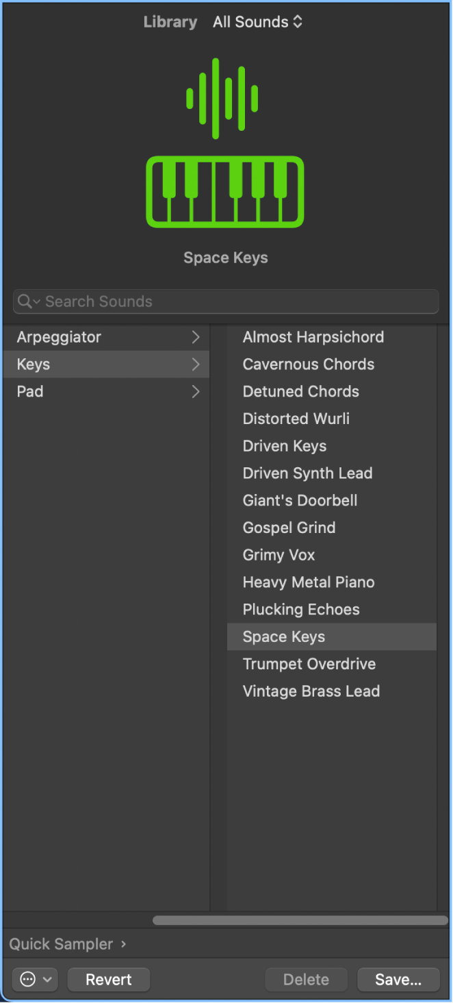 Figure. Library open, showing patch categories.