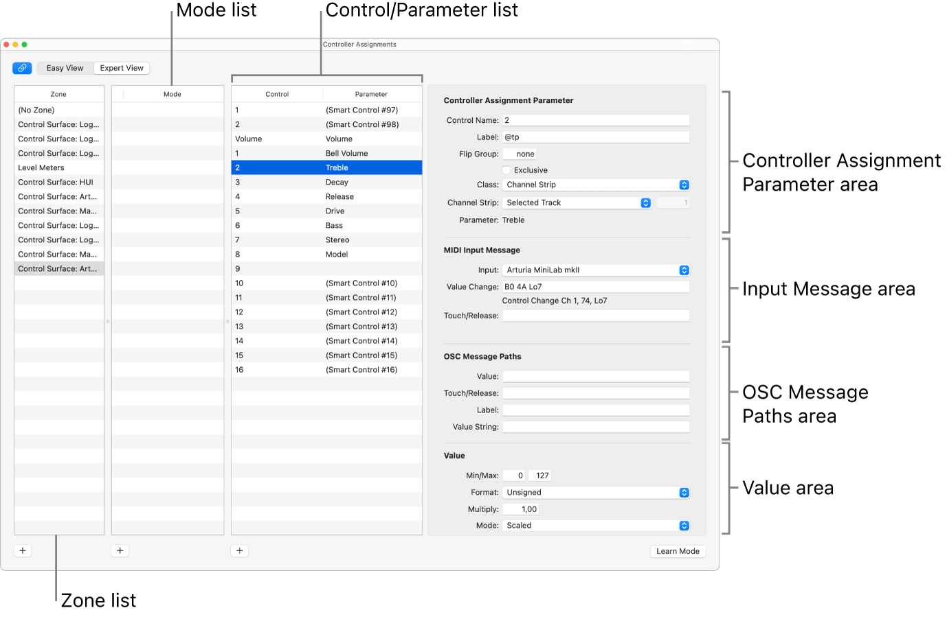 Figure. Controller Assignments window in expert view mode.