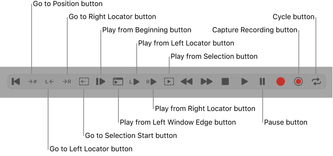 Figure. Transport buttons, showing all additional buttons.