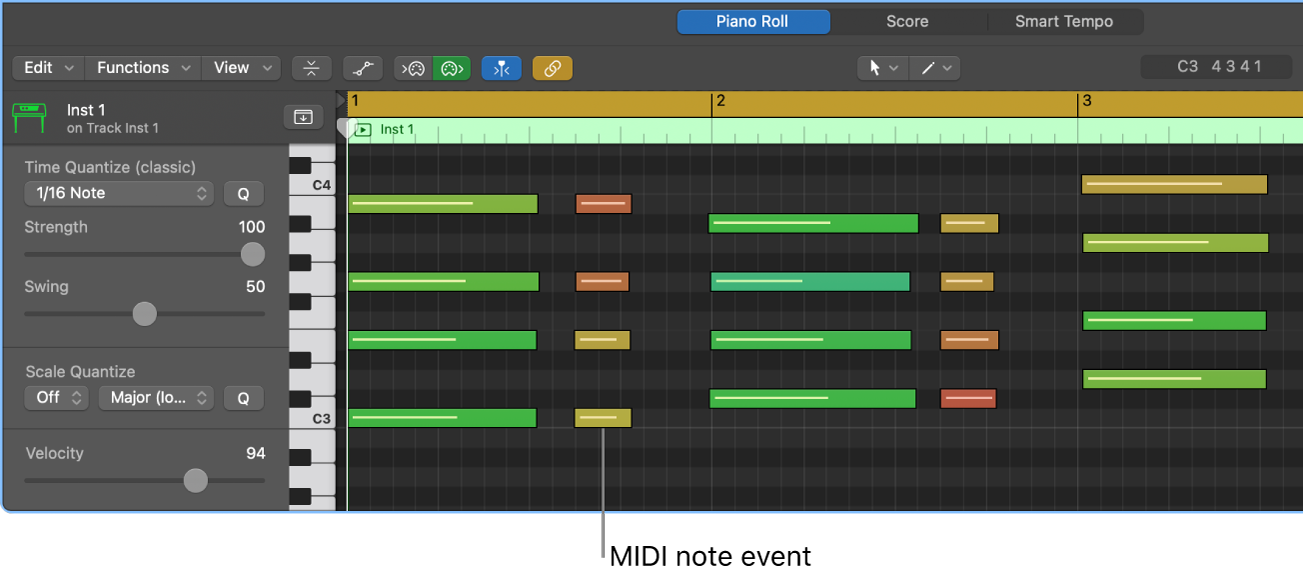 Figure. Piano Roll Editor, pointing out MIDI note event.