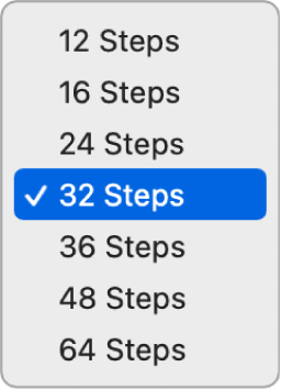 The Step Sequencer Pattern Length pop-up menu with the option 32 Steps selected.