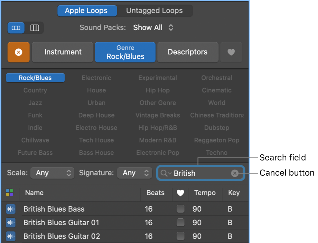 Search field and Cancel button in the Loop Browser.